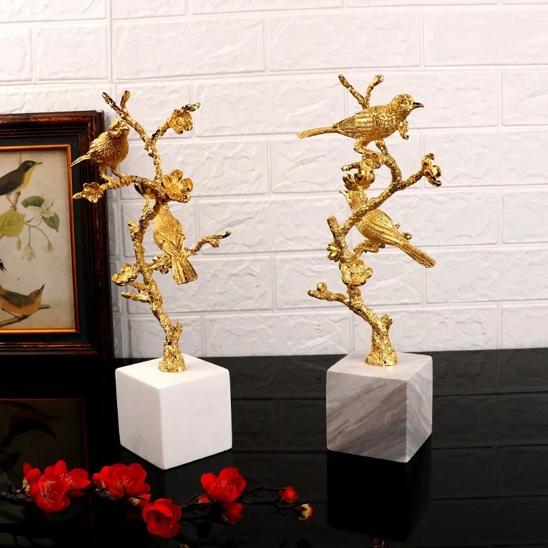 Chinese Luxury Marble Stand Alloy Branch Bird Metal Accessories Home Lvingroom Table Ornament Crafts Office Figurines Decoration