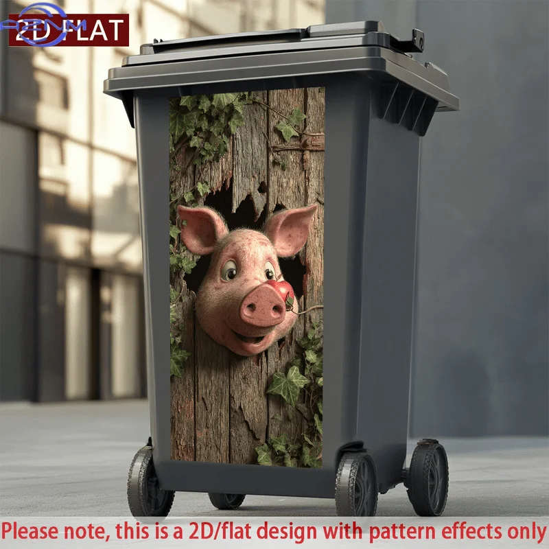 2D/FLAT-Funny Pig Peeking Through Wooden Plank with Ivy Trash Can Sticker Wall Sticker PVC Self - Adhesive Waterproof Scratch