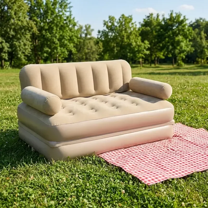 Custom Flocking PVC Self Inflating Inflatable Double Sofa Portable Folding Air Sofa Bed for Outdoor Camping 2