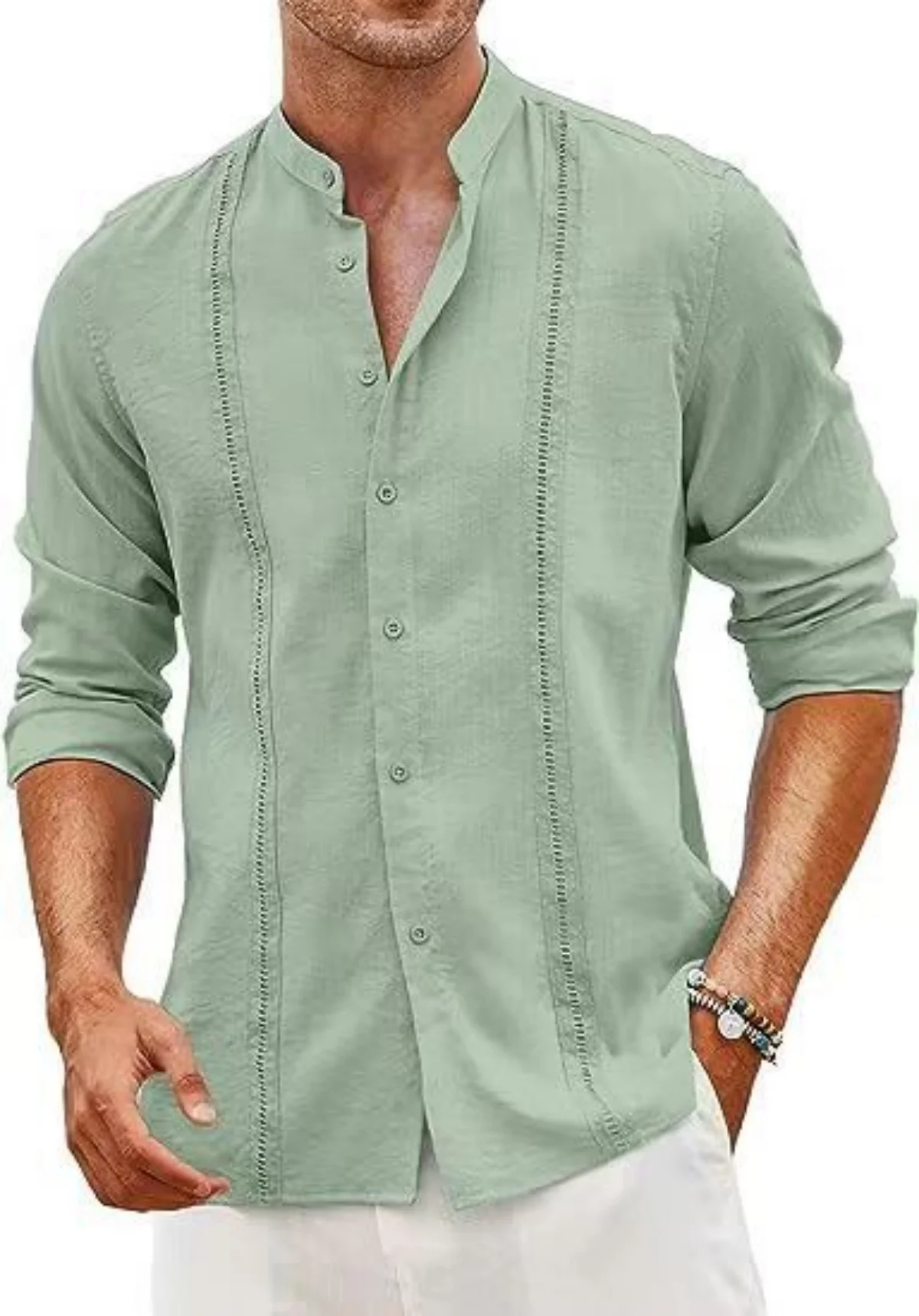 Fall 2024 new men\'s Cuban style casual button Beach Resort cotton linen shirt stand collar