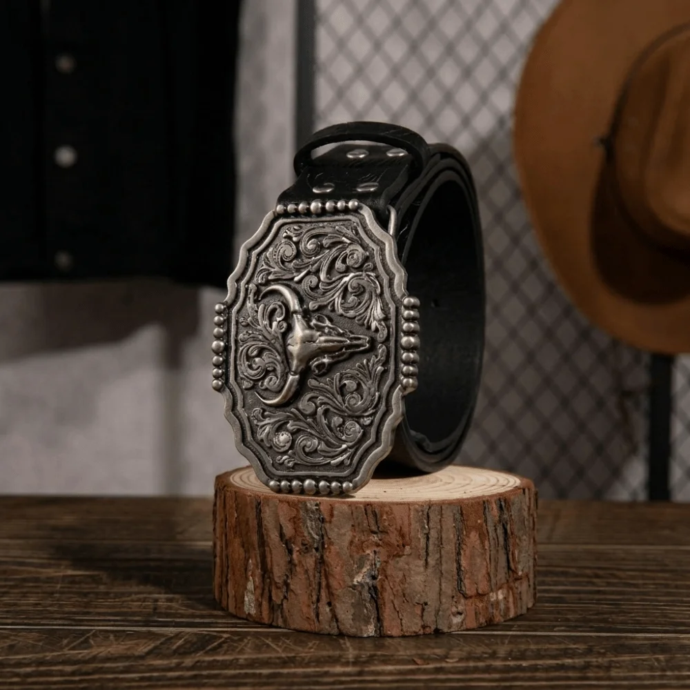 Retro PU Leather Western Cowboy Belt Luxury Design Trendy Brand Bull Buckle Belt Embossed Business Casual Belt for Men