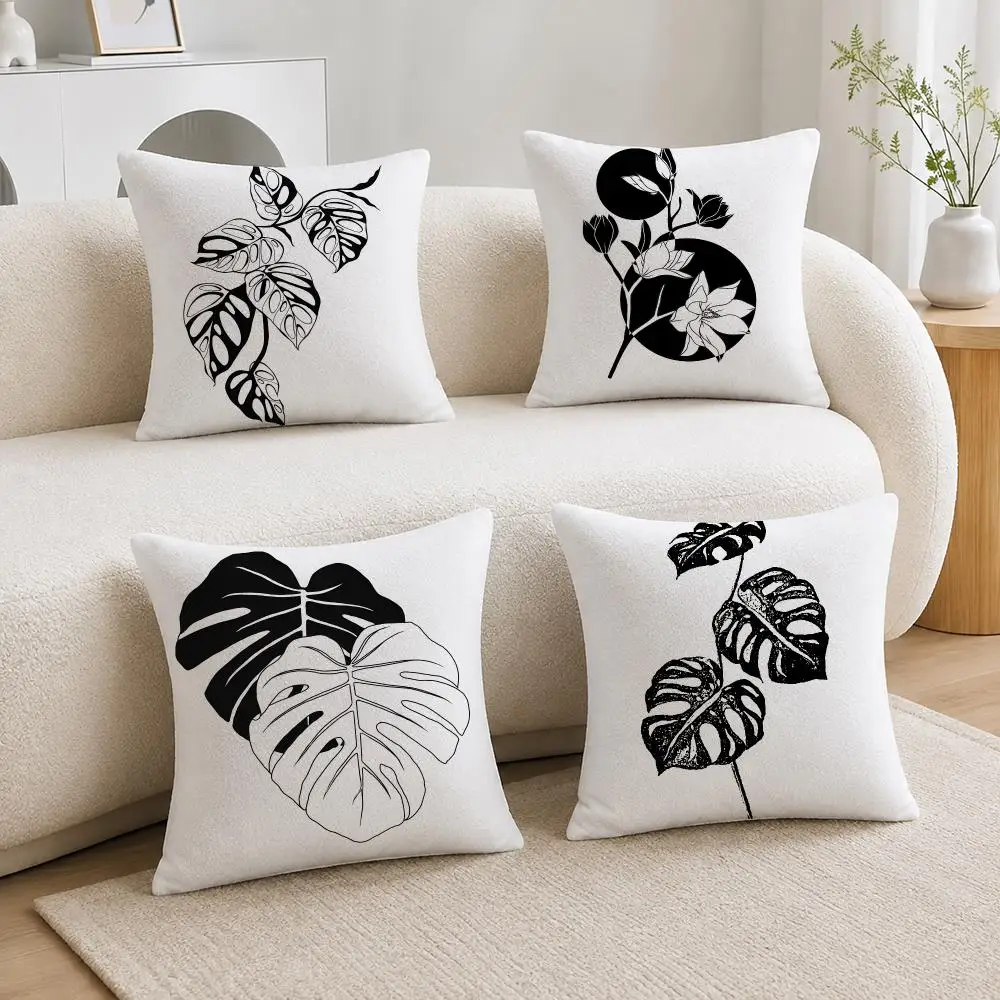 Art Minimal Fern Line Art Cushion Cover Soft Short Plush Throw Pillowcase Sofa Bedroom Home Decor Holiday Gift