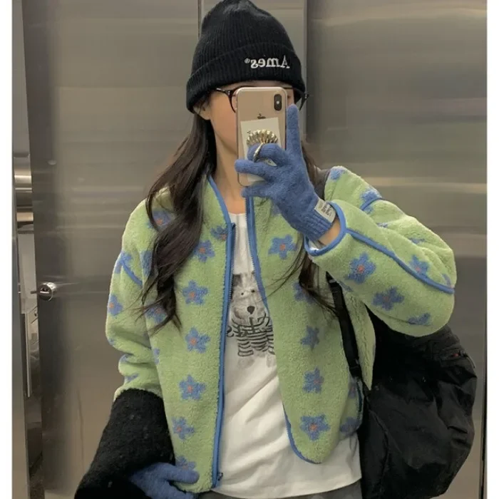 Retro Adorable Blue Flower Lamb Fur Vest Warm Coat Women's Cotton Jacket Winter Fashion Cute Fluffy Outerwear
