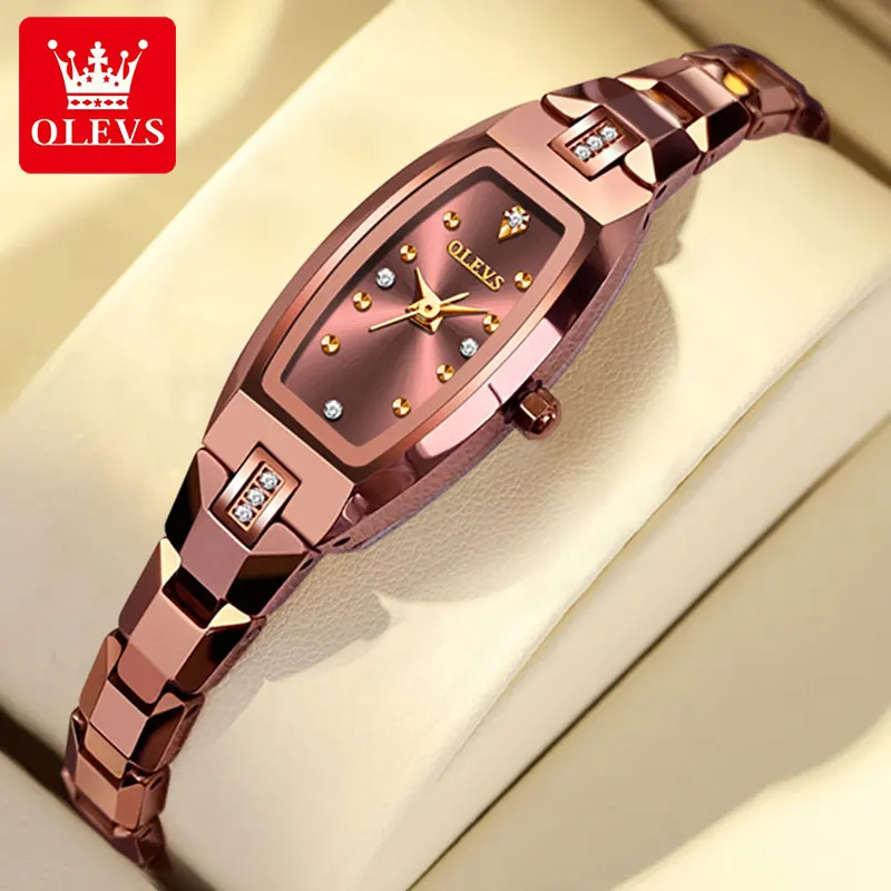 OLEVS Slim Thin Watch for Women Luxury Tungsten Steel Band Tonneau Design Square Shape Elegant Diamond Quartz Ladies Watch