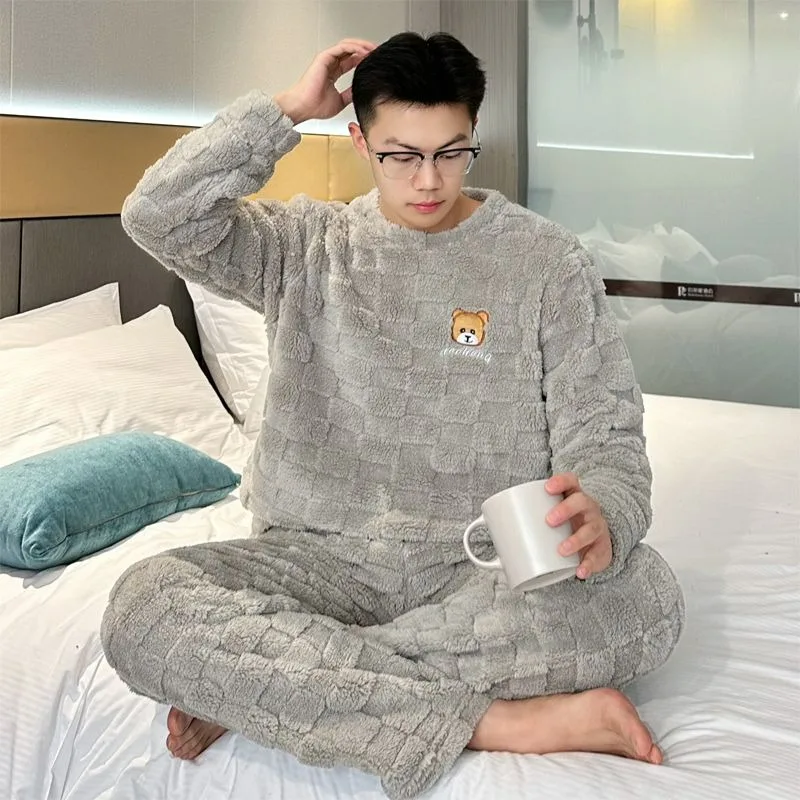 

Men Pajamas Winter Flannel Thickened Fleece Large Size Casual Homewear Suit Male Coral Fleece Warm Round Neck Nightclothes 2024