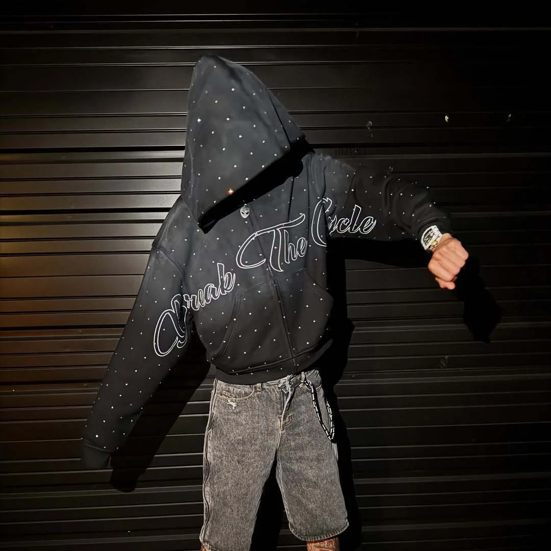 Autumn Winter New Hooded Sweatshirt Trendy Brand Fashion Personalized Street Couples Unisex Rhinestone Cardigan Clothing