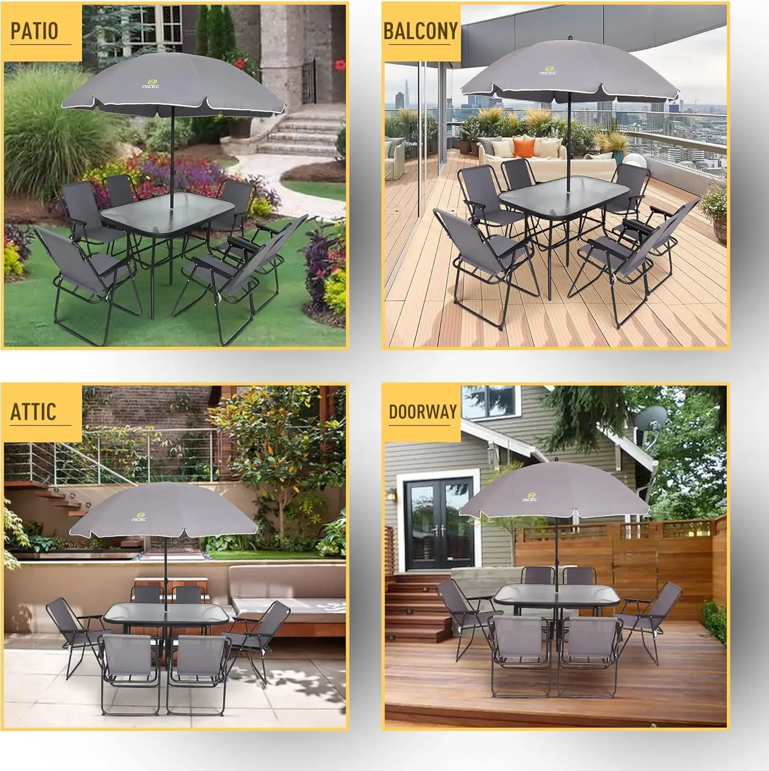 8-delige set met parasol, tuintafelset voor tuinmeubilair met afneembare parasol, glazen tafel en 6 klapstoelen (grijs)