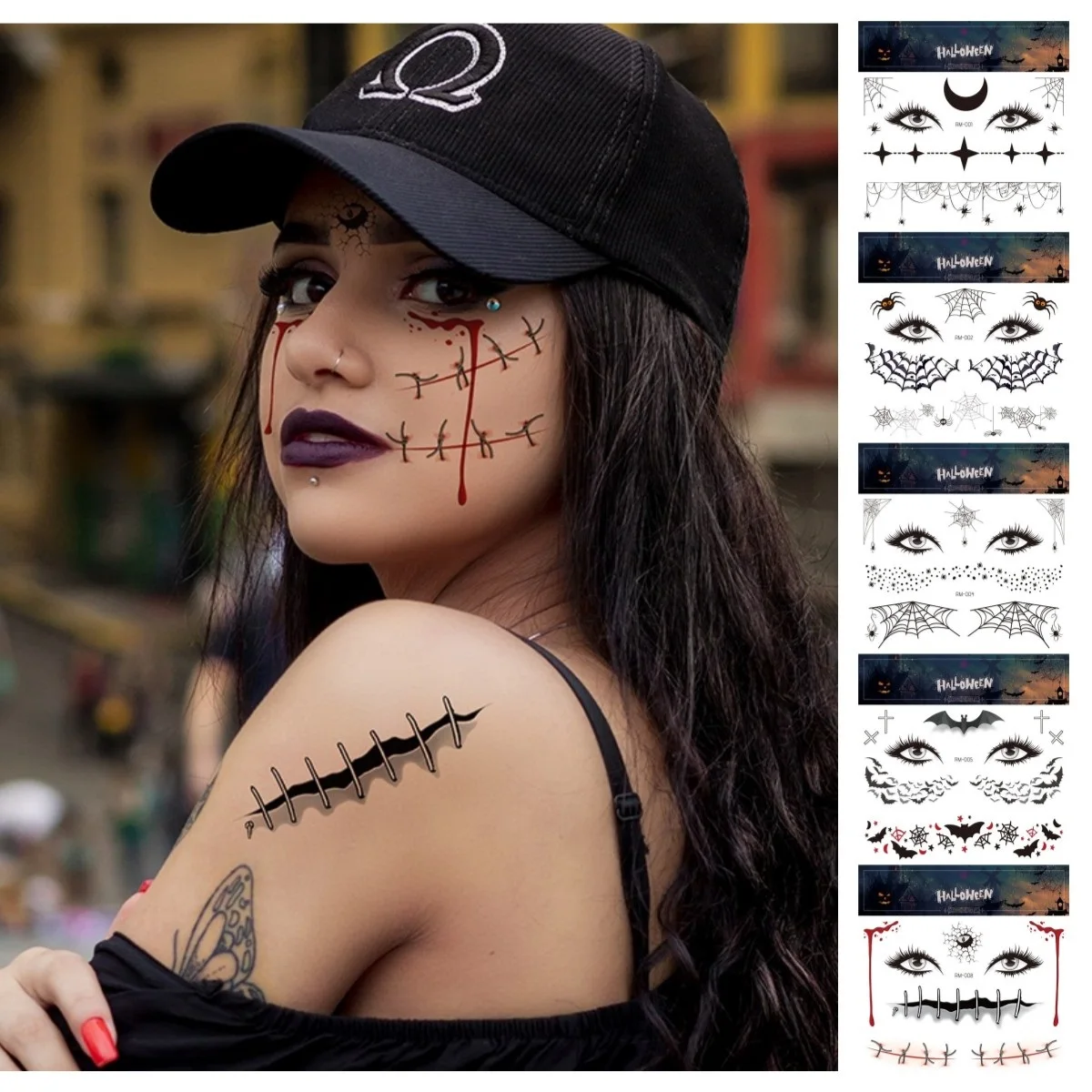 Halloween Temporary Tattoo Face Makeup Waterproof Disposable Party Make Up Stickers Body Art Scary Spider Cobwebs Scar Decor