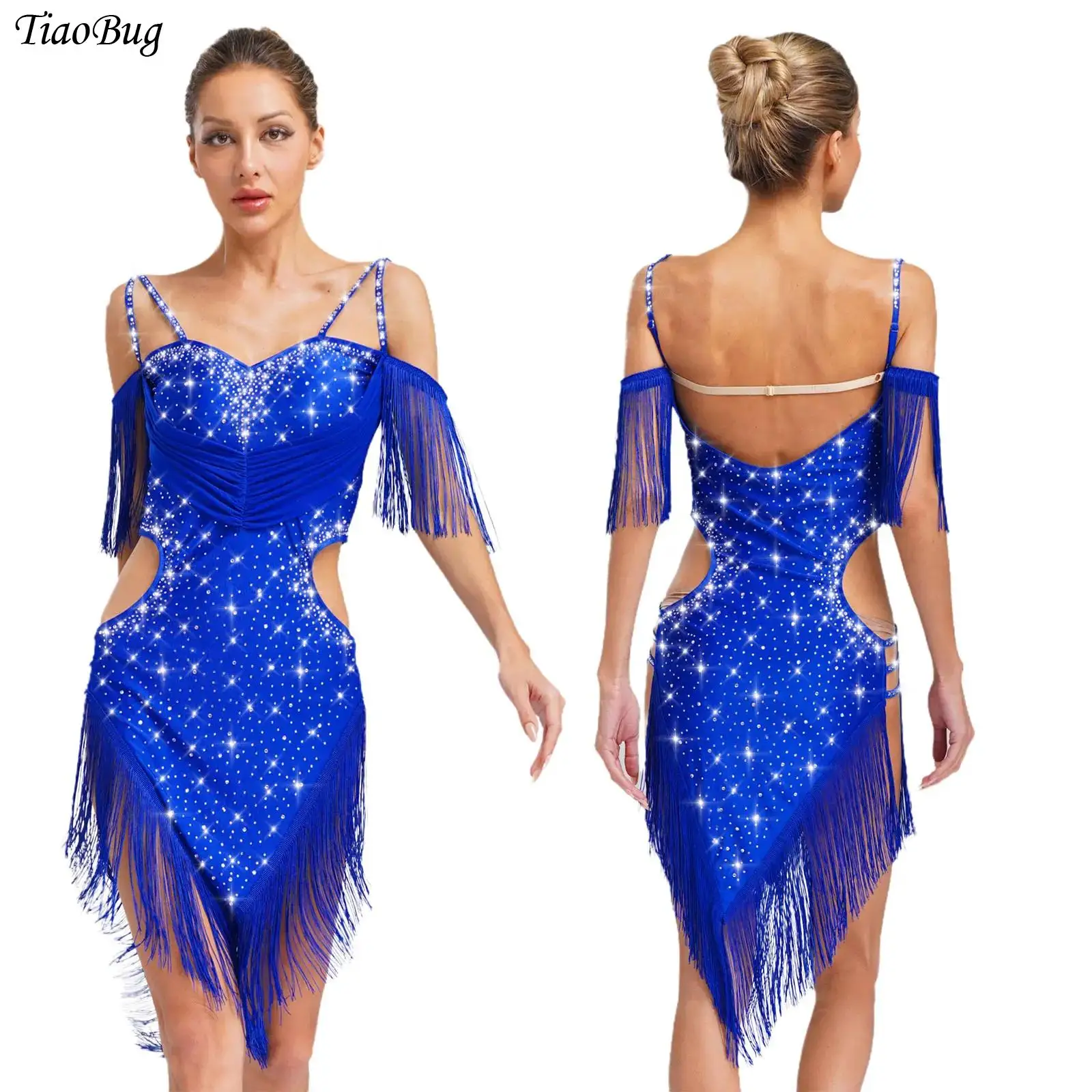 

Women Tassels Latin Dance Dress Cha-Cha Tango Salsa Ballroom Dance Costume Cutout Back Fringed Rhinestones Skating Dancewear