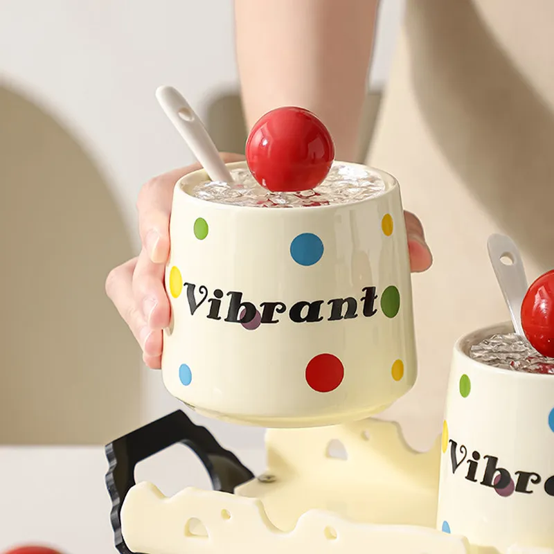 230~240ml Cream Color Polka‑Dot Ceramic Seasoning Jar with Red Ball Knob Lid and Spoon Kitchen Sugar Salt Condiment Storage Pot
