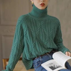 100 pure mountain cashmere sweater women's autumn and winter new high-end twisted loose lazy turtleneck sweater