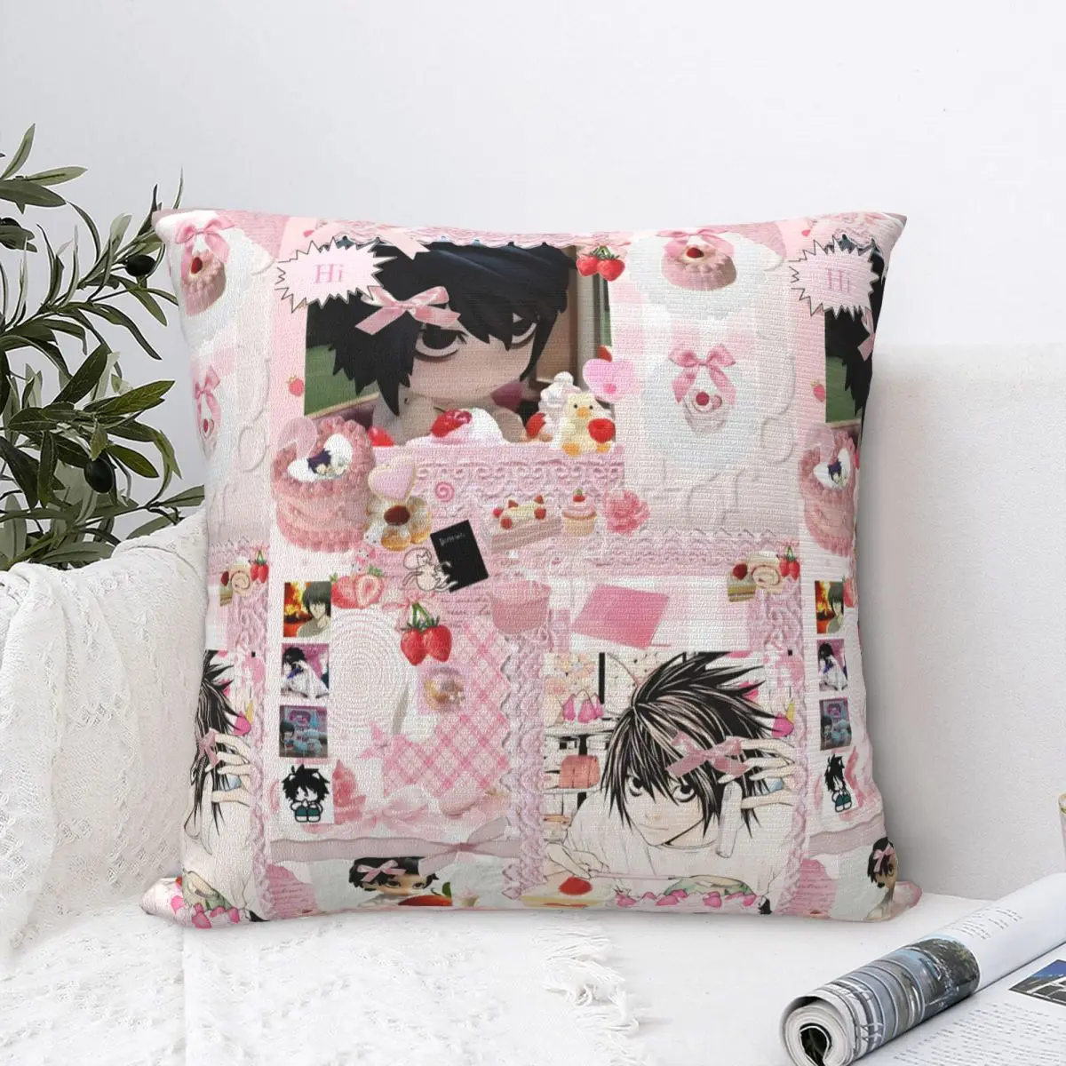 Pink L Lawliet Pillow Case Deathnotes Anime Cushion Covers Customized Zippered Decor Pillowcover for Car 45*45cm