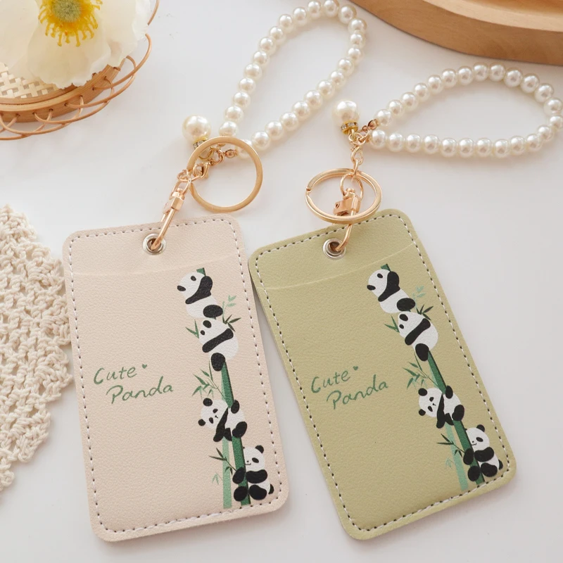 Leather Cute Panda Cartoon Chinese Style Double Sided Two Card Seat  Student Bus Card Set  Meal Card Campus ID Set