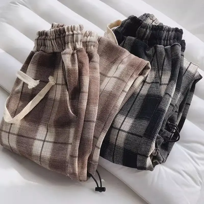 

plus Size 300 Pou Retro Wide Leg Plaid Pants Men's Loose Casual All-Match Cuffed Sweatpants Autumn Winter Youth Casual Pants