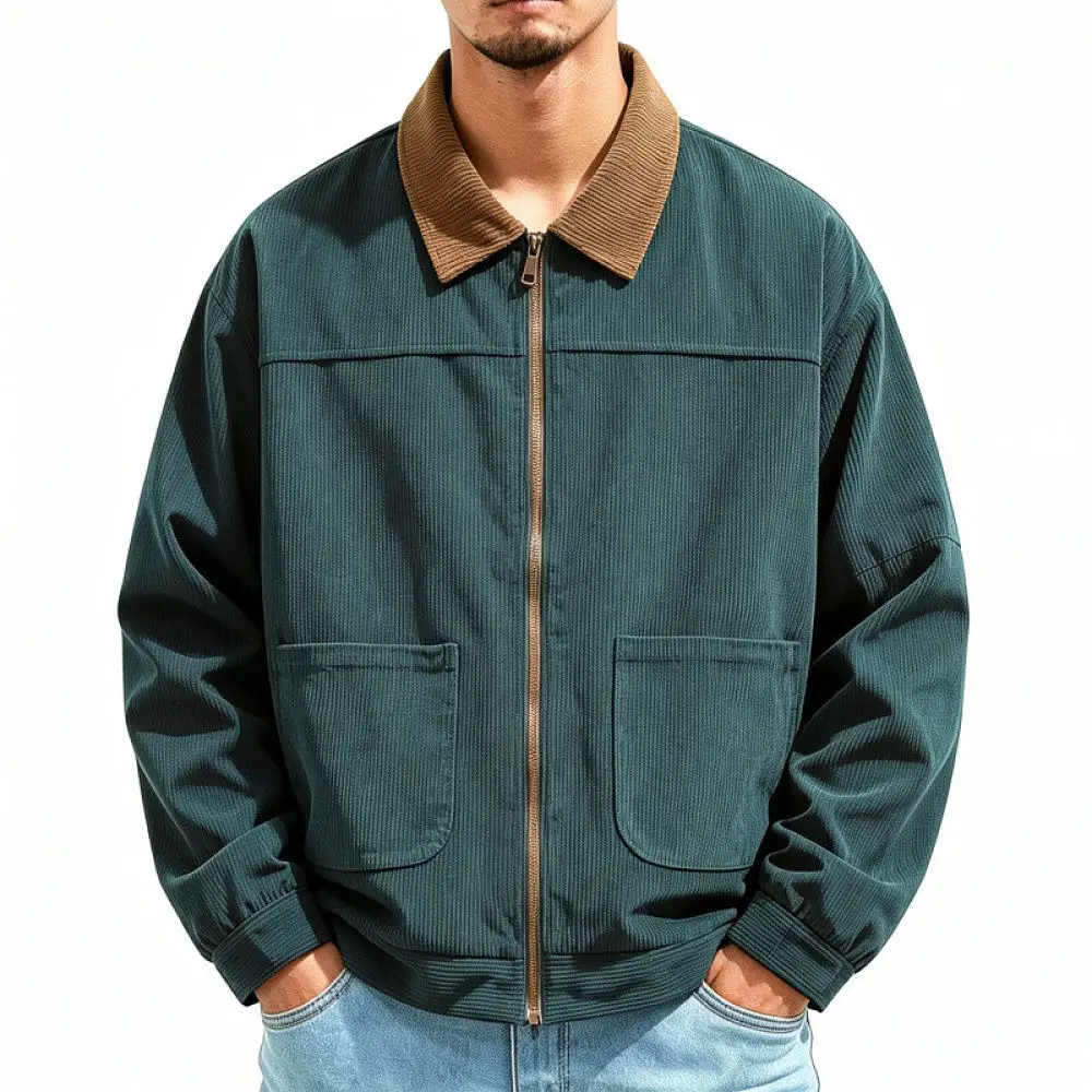 Mens Trendy Corduroy Jacket Autumn Winter Patchwork Coat Loose Fit Casual Long Sleeve Zipper Up Fashion Outwear