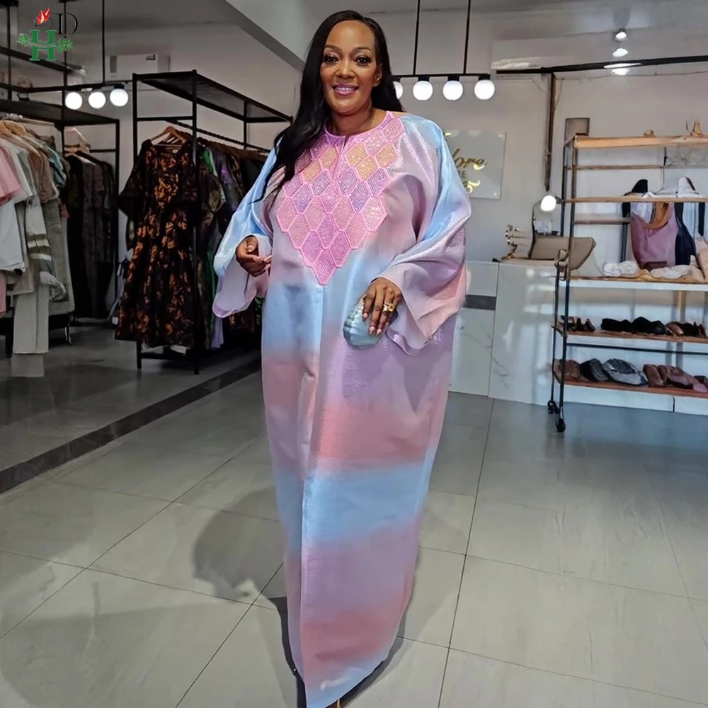 

H&D African Clothes Plus Size Women's Elegant Church Dress Africa Party Wedding Dress Pink Blue Gradient Daily Wear Summer Gown