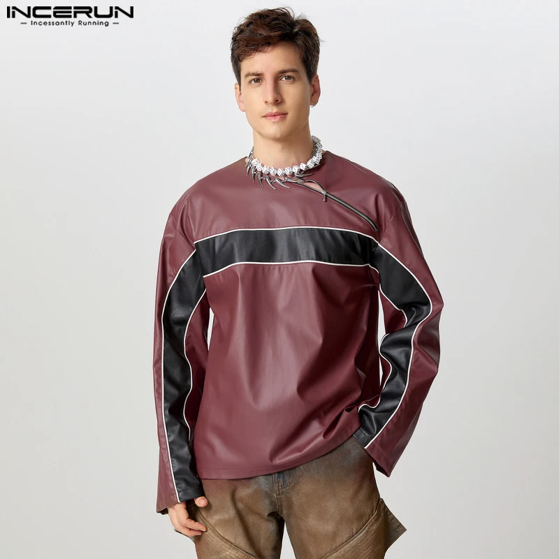 Moda ben aderente Top INCERUN 2024 Giacca da uomo in pelle PU con cerniera Personalità maschile Splicing Color Blocking Giacca a maniche lunghe