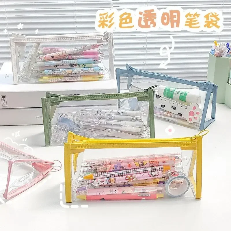 Transparent PVC Triangle Pencil Case Waterproof Zipper Stationery Bag Large Capacity Korean Style Student Desk Organizer