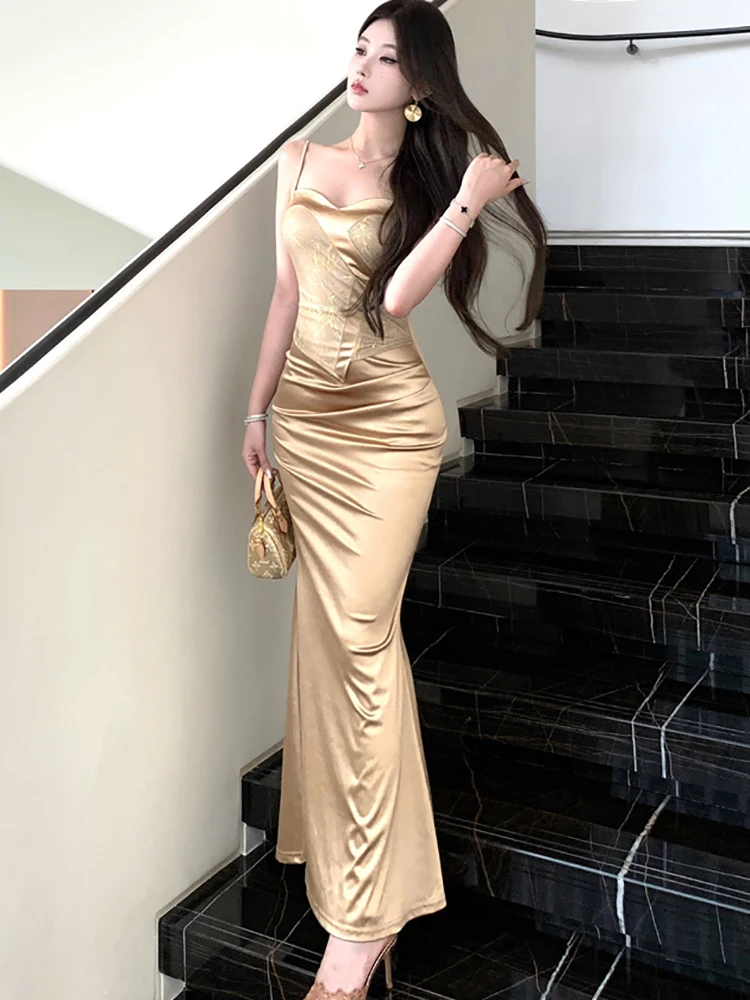 女性用エレガントサテンパッチワークジャカードセクシースリングドレス2025韓国ラグジュアリーパーティーイブニングドレスサマーボディコンフェスティバルドレス