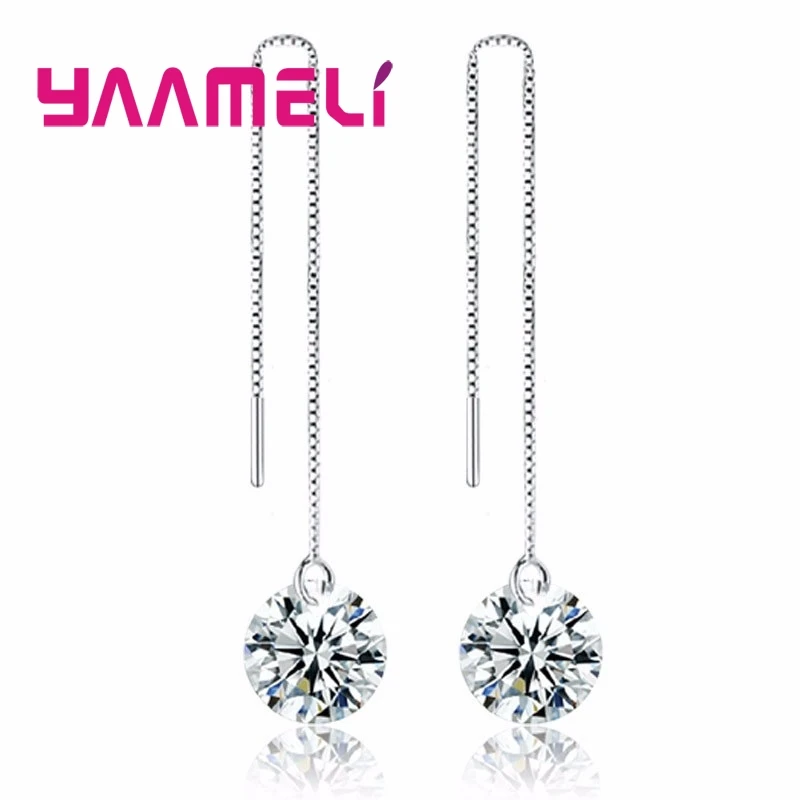 Shiny 925 Sterling Silver Round Shape Cubic Zircon Crystal Long Tassel Drop Earrings for Women Wedding Party Trendy Jewelry Gift