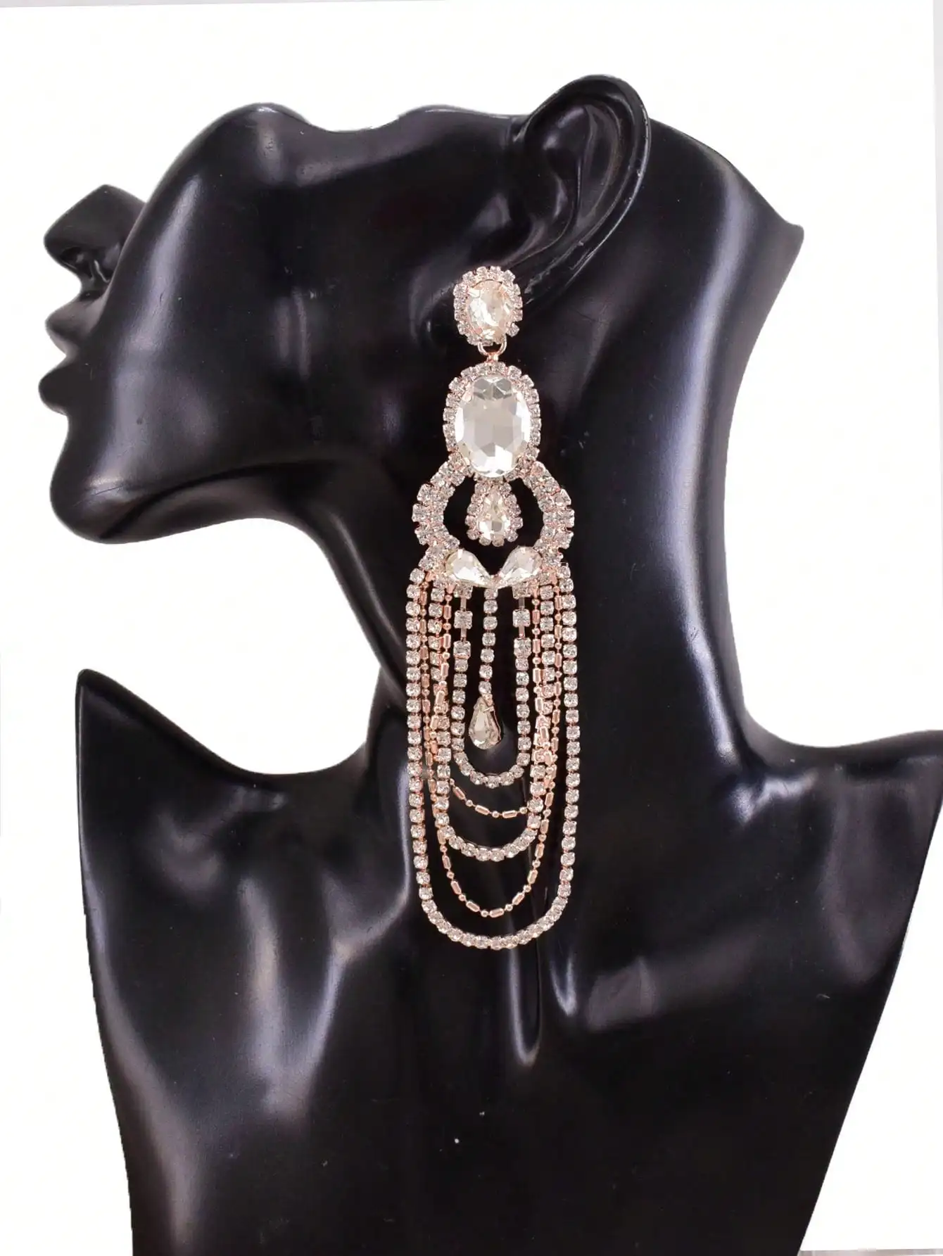 1 Pair of 12.5cm Exquisite and Feminine Metal Bead Chain Rhinestone Mixed Tassel Earrings For Women