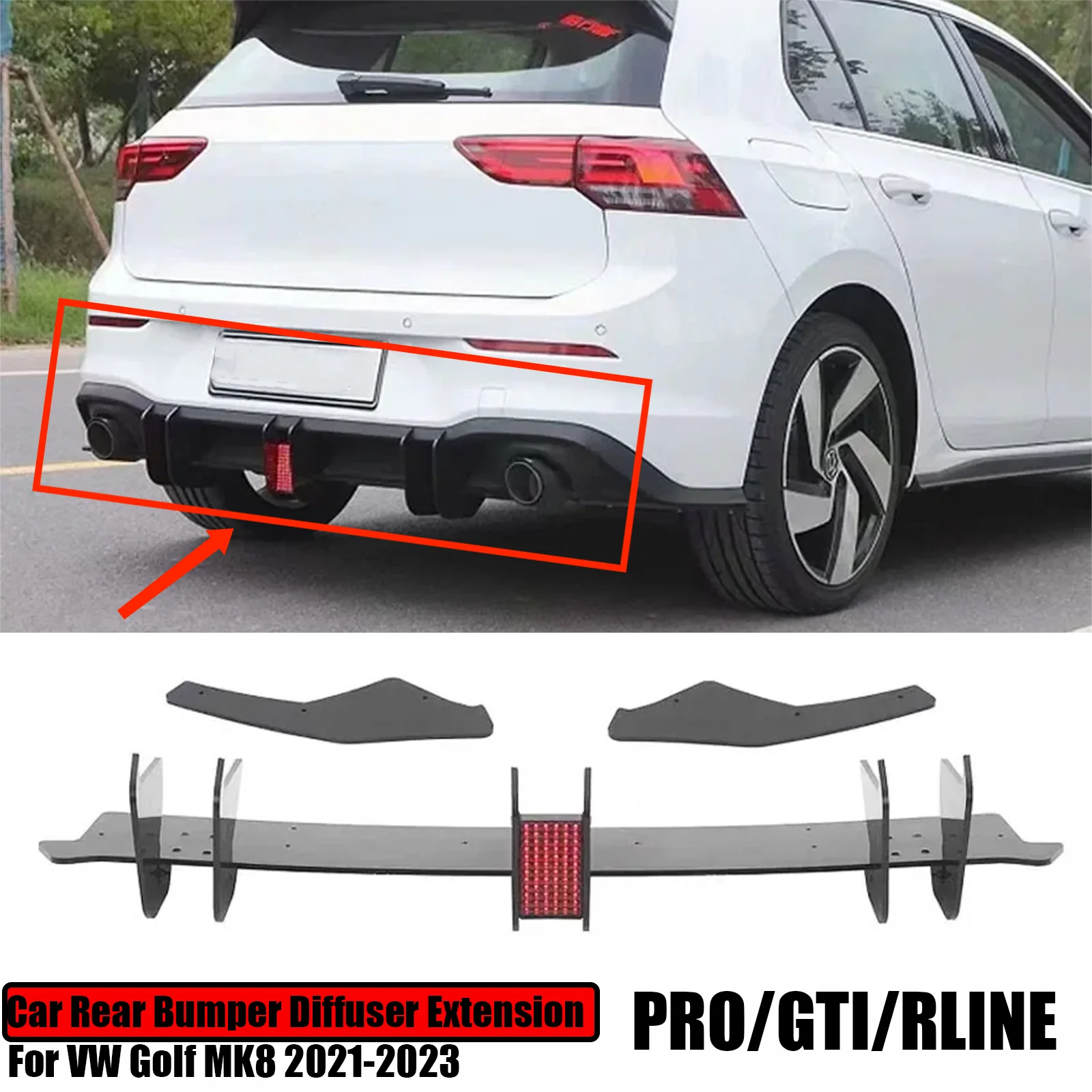 

Rear Bumper Lip Diffuser Extension Spoiler Spilitter Protector Body Kit Trim For VW Golf MK8 GTI PRO RLINE 2021 2022 2023