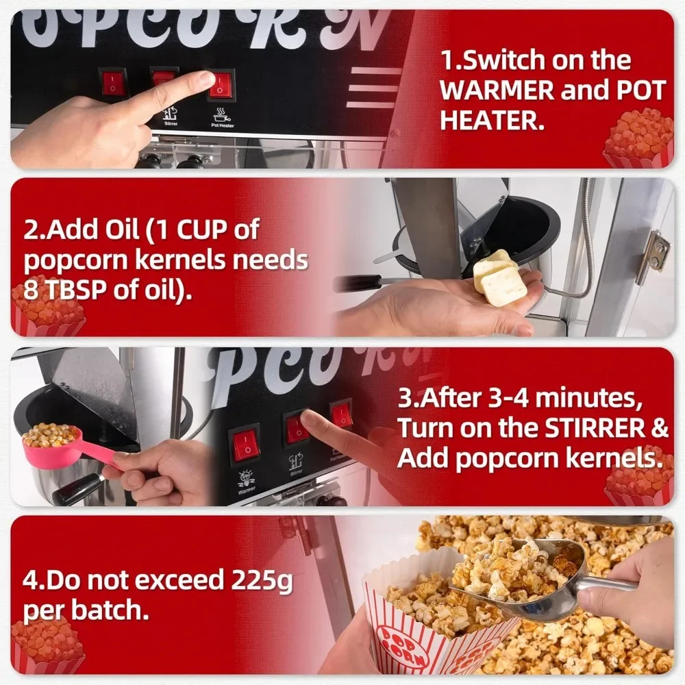Popcorn Machine, 12 Oz Stainless Steel Kettle, 80 Cups, Retro Cinema Popcorn Maker, with Reject Kernel Tray, Warming Light