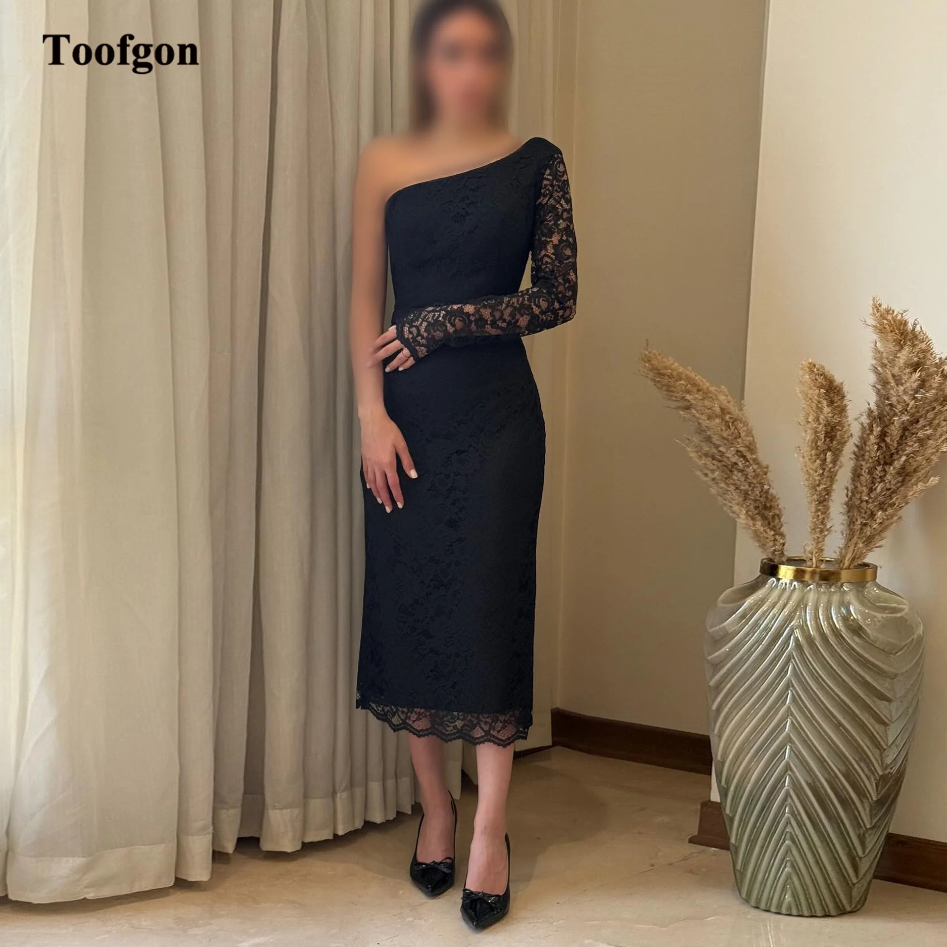 

Toofgon Black Lace Midi Prom Dresses Customized Long Sleeves Sheath Formal Evening Party Dress One Shoulder Homecoming Gowns