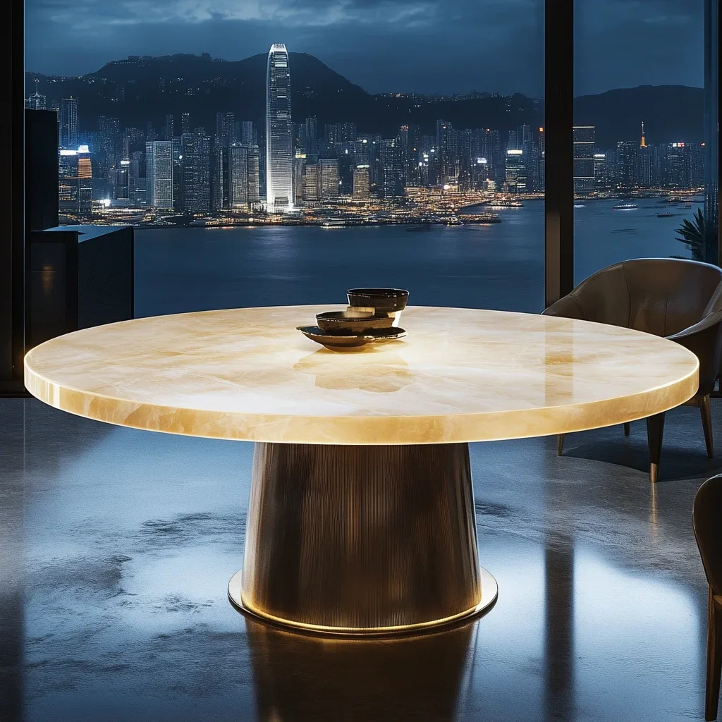 

Круглый светящийся нефритовый роскошный каменный обеденный стол, современная вилла, светлый роскошный элитный дом