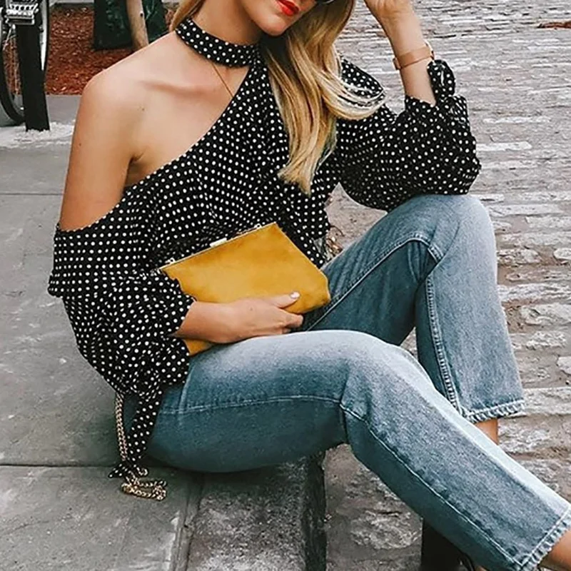 Summer Women Cottagecore Fashion Strapless Hanging Neck Cuff Bow Long-sleeved Polka Dot Blouse Lantern Sleeve Ruffled T-shirt