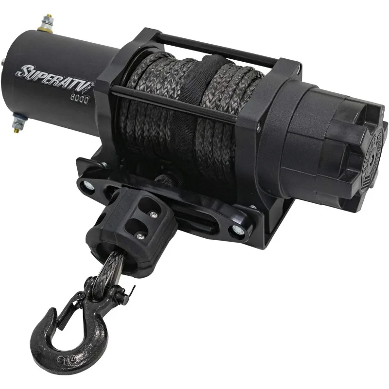 SuperATV Black Ops 6000 LB Winch Kit For UTV/ATV | Includes 50' Synthetic Rope | Permanent Magnet DC 12V