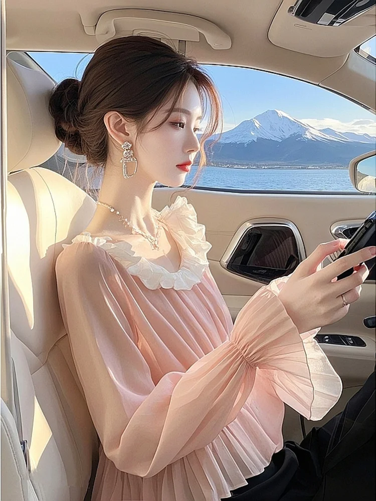 2025 Lente Zomer Nieuwe Vintage Patchwork Chiffon Blouse Damesmode Geplooide Flare Mouwen Dames Zoete Tops T-shirt