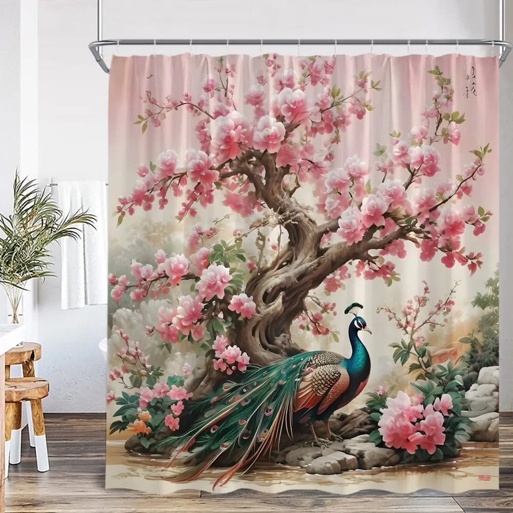 Peacock Oil Painting Shower Curtain Elegant Beautiful Bird Animal Printed Bathroom Decor Floral Plant Bathtub Curtain with Hook