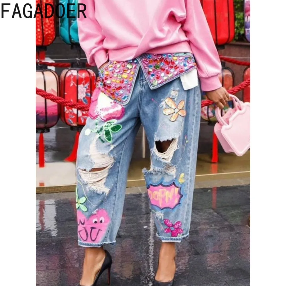 

FAGADOER Hole Fashion Print Diamond Splicing Loose Jeans Women High Waist Button Pocket Denim Trousers Casual Female Streetwear