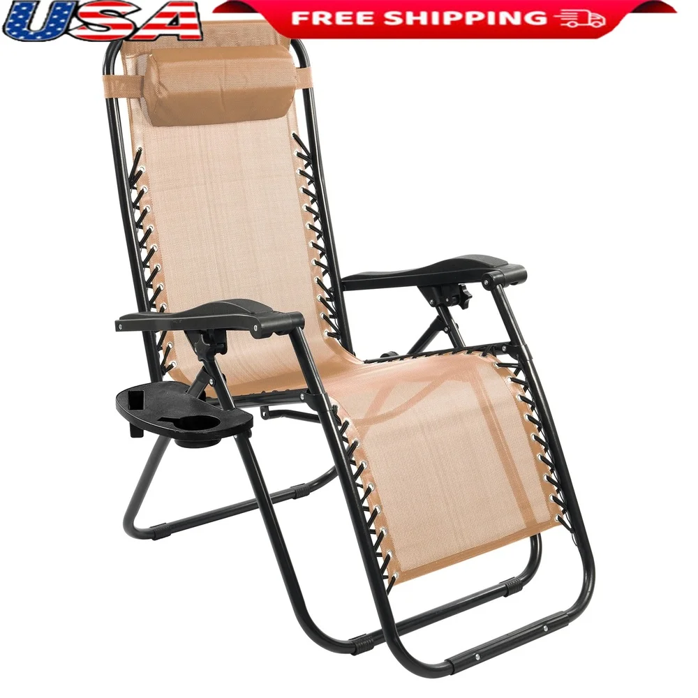 

Outdoor Reclining Lounge Chair Set Zero Gravity Foldable with Headrest Cup Holder Lawn Beach Camping Relaxation