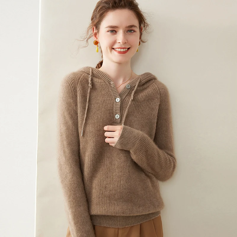 

Women 100% Cashmere Sweater Autumn Winter Casual Thick Warm Hooded Pullover Shirt Elegant Woman Pure Color Soft Knitwear Tops