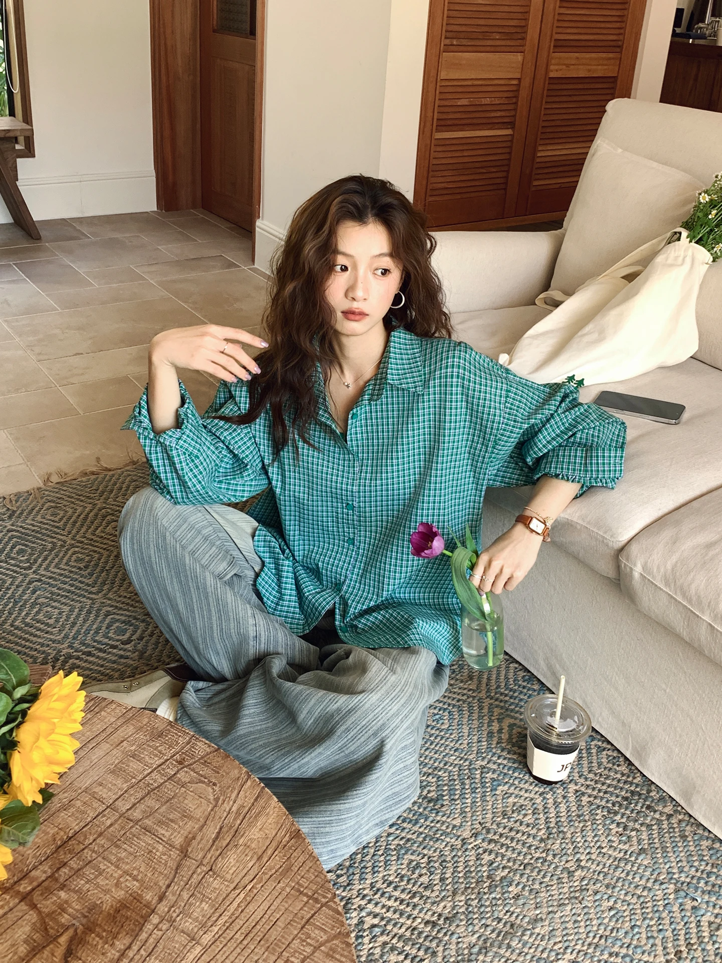 

Рубашка свободного кроя в клетку с длинными рукавами, весна-лето, новый стиль, удобная повседневная рубашка с защитой от солнца, женская деловая повседневная рубашка