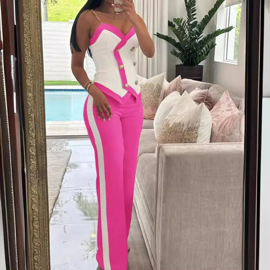 Women Side Striped Work Suit Set Contrast Paneled Skinny V-Neck Double Breasted Chain Strap Cami Top And Straight Leg Pants Set