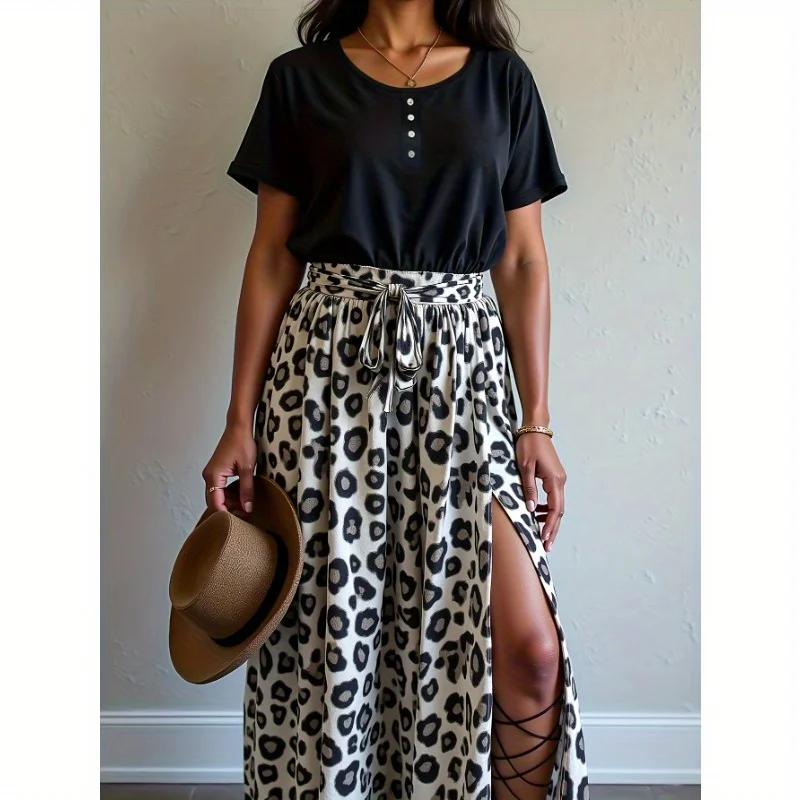 

Fashion Leopard Print High Waisted Skirt and Short Sleeved T-shirt Two-piece Set