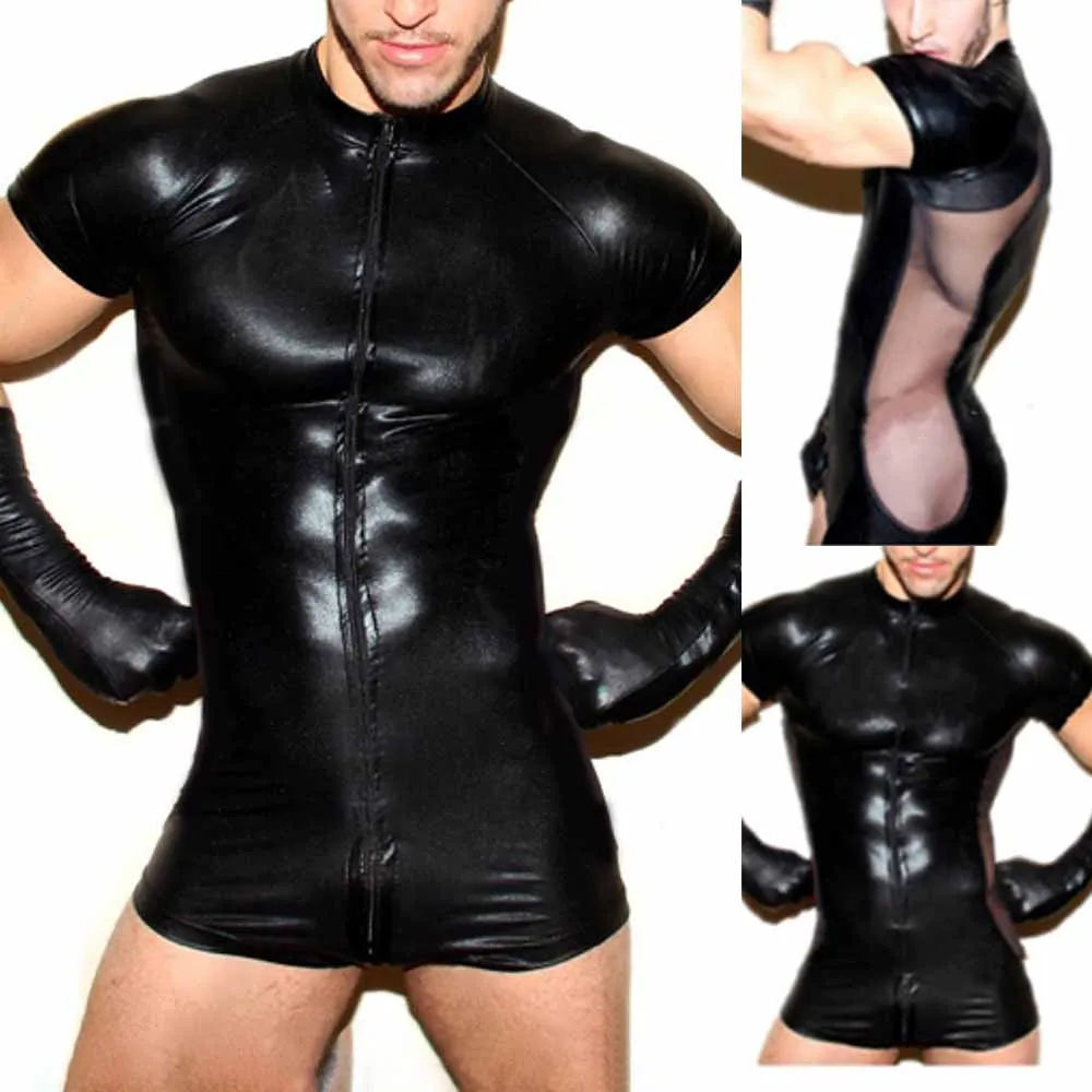 Body Sexy de cuero Pu para hombre con bragas con cremallera, mono Sexy para hombre, ropa para discoteca, leotardo, lencería exótica, Gay, Sexy, Hot