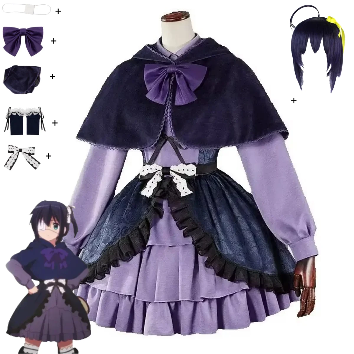 Anime Love, Chunibyo & Other Delusions Takanashi Rikka 코스프레 의상 보라색 로리타 드레스 목도리 가발 여자 카와이 크리스마스 슈트