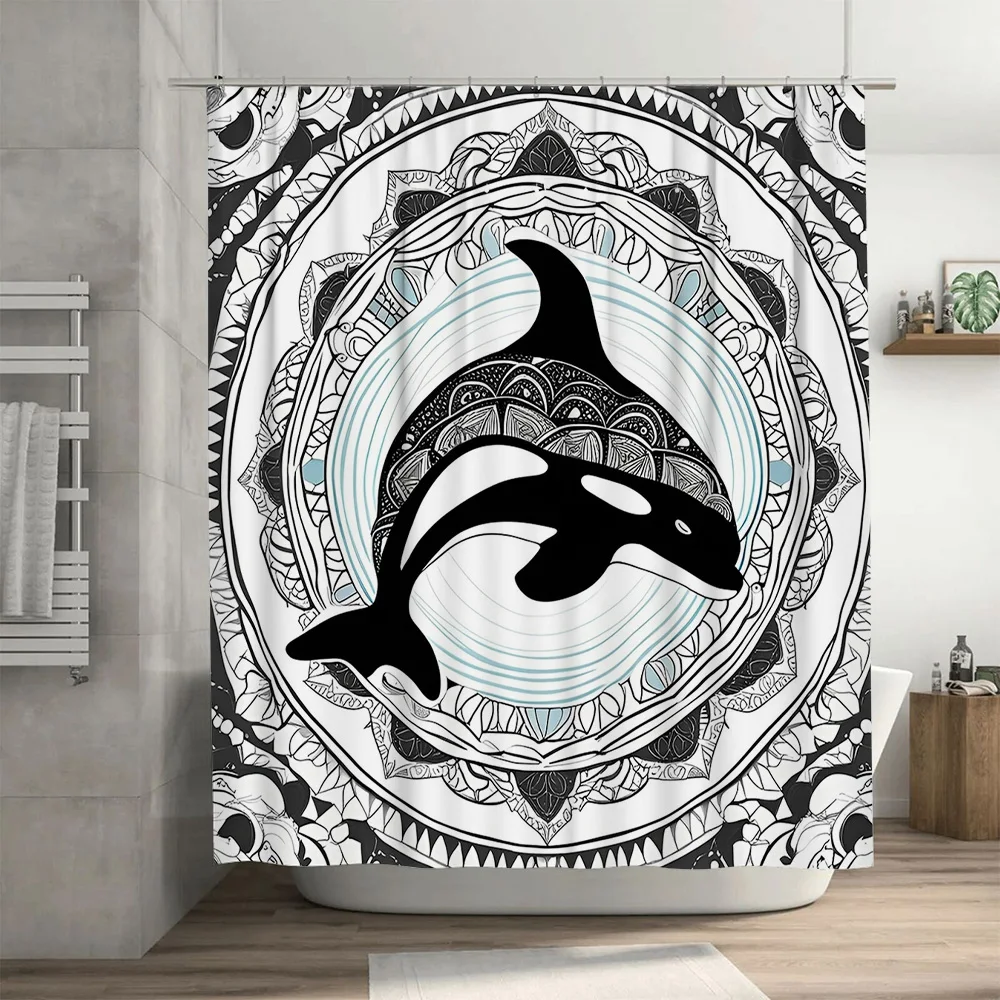 ستارة دش مزخرفة تتميز باللون الأسود والأبيض Orca Whale Artwork مثالية لديكور الحمام الحديث مقاس 72 × 84 بوصة (1-5 أعمال