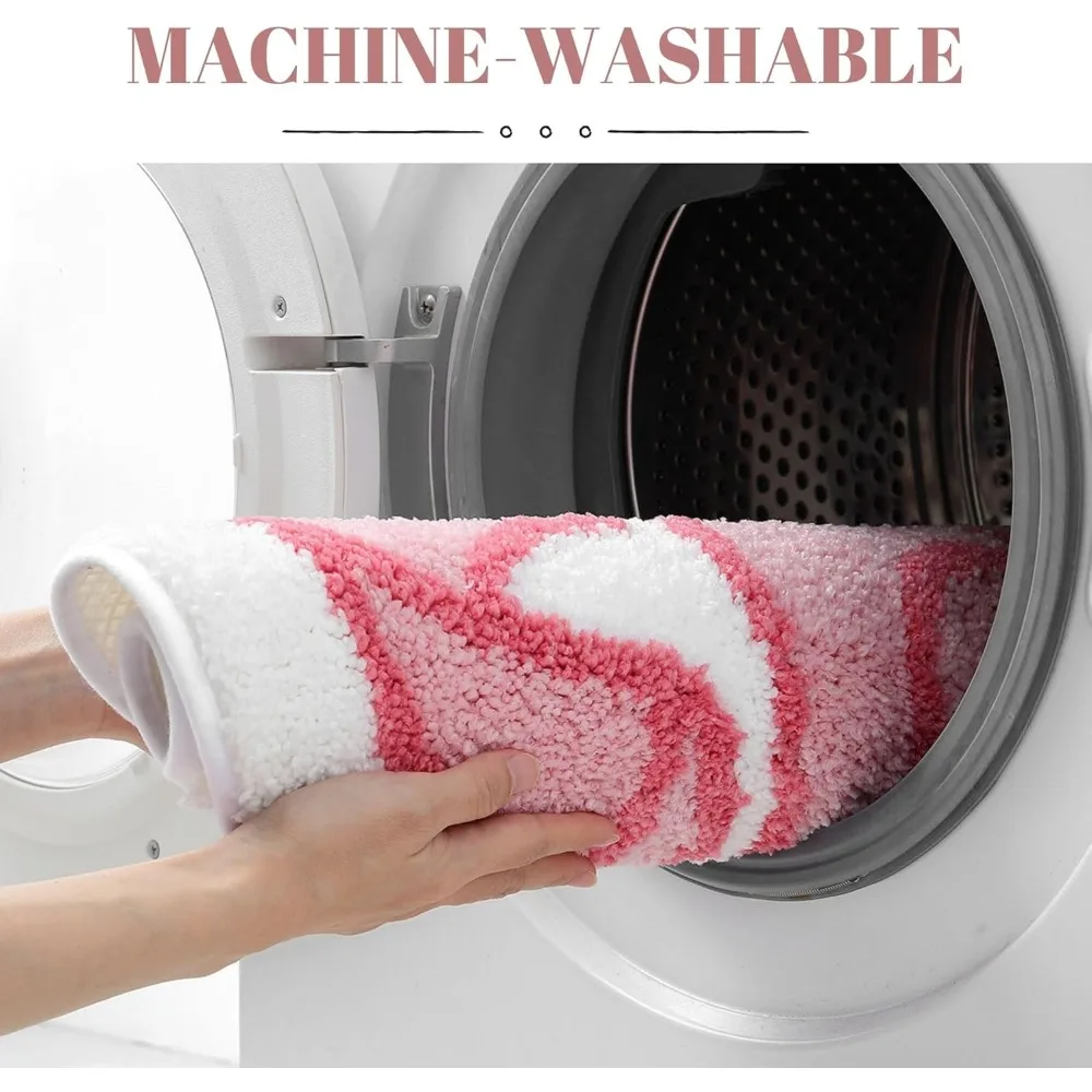 푹신한 핑크색 리본 욕실 매트, 19.6x31.5인치 불규칙한 모양, 미끄럼 방지 및 높은 흡수력, 욕실 및 침실용