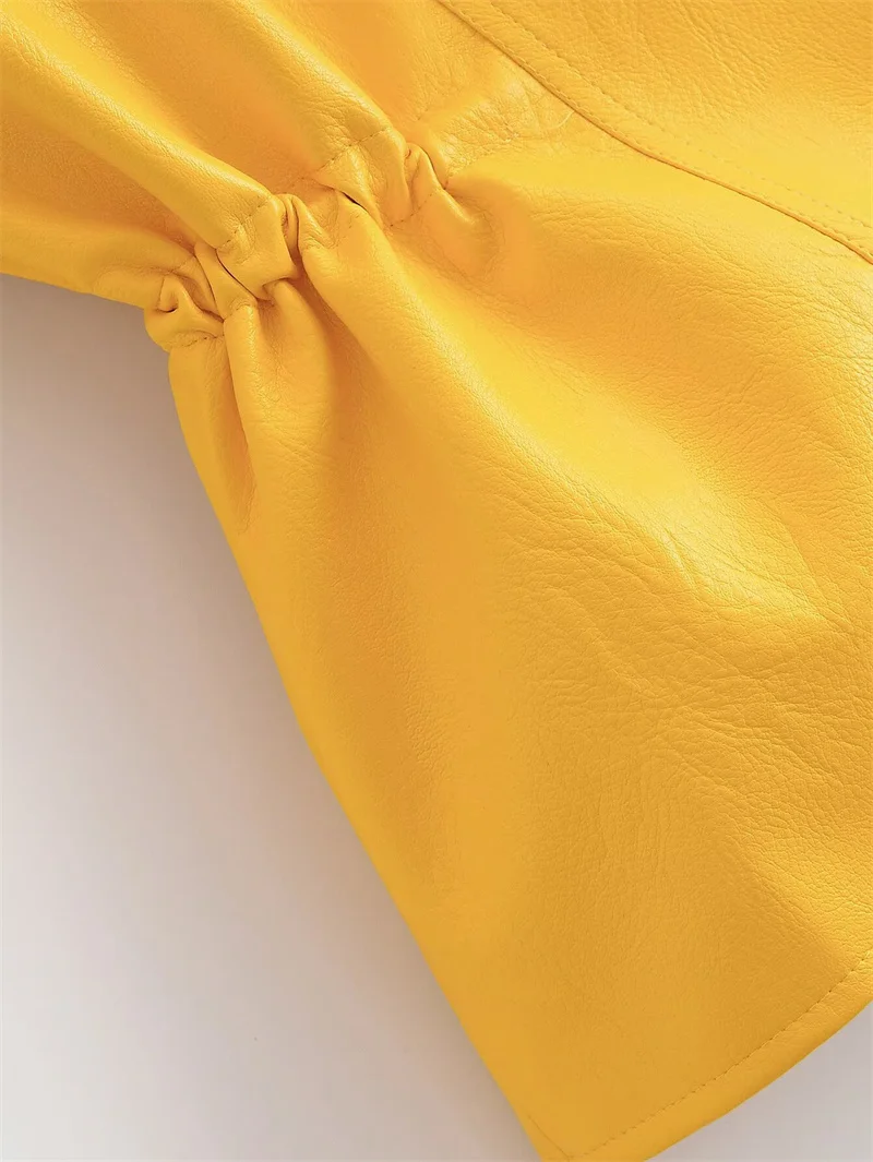 Guobioziy Women's Jacket 2026 Fall New Arrival Yellow Long-Sleeve Stand Collar Loose Faux Leather Jacket Parka Biker Style