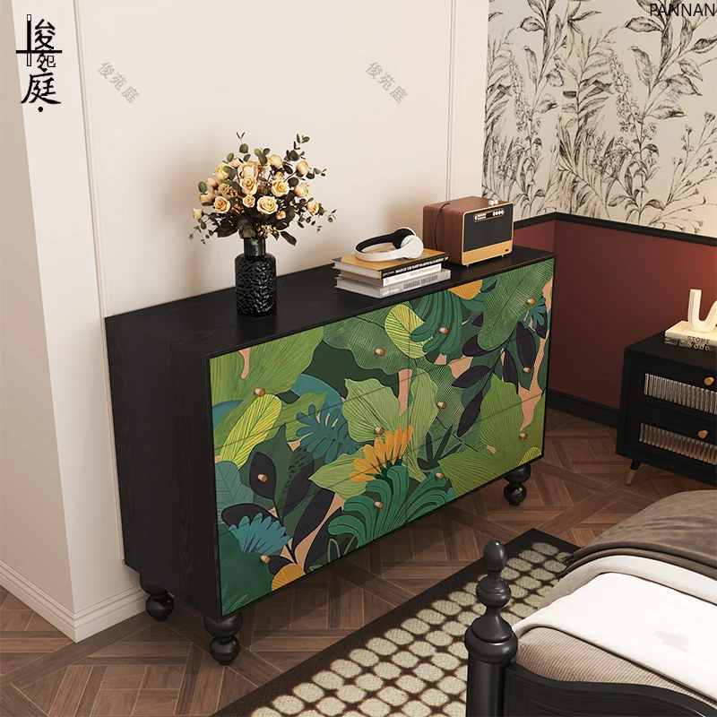 

Retro style green plant solid wood six chest cabinet bedroom storage locker corridor entrance decorative cabinet