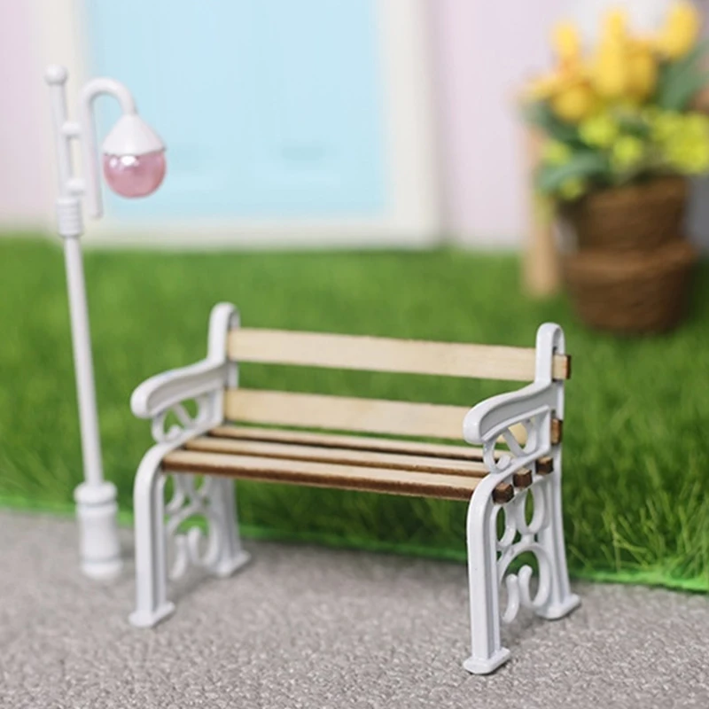 2PCS 1/12 Dollhouse Miniature Wooden Park Bench Street Lamp Suit Fairy Garden Ornaments Outdoor Furniture Model Decor Toys