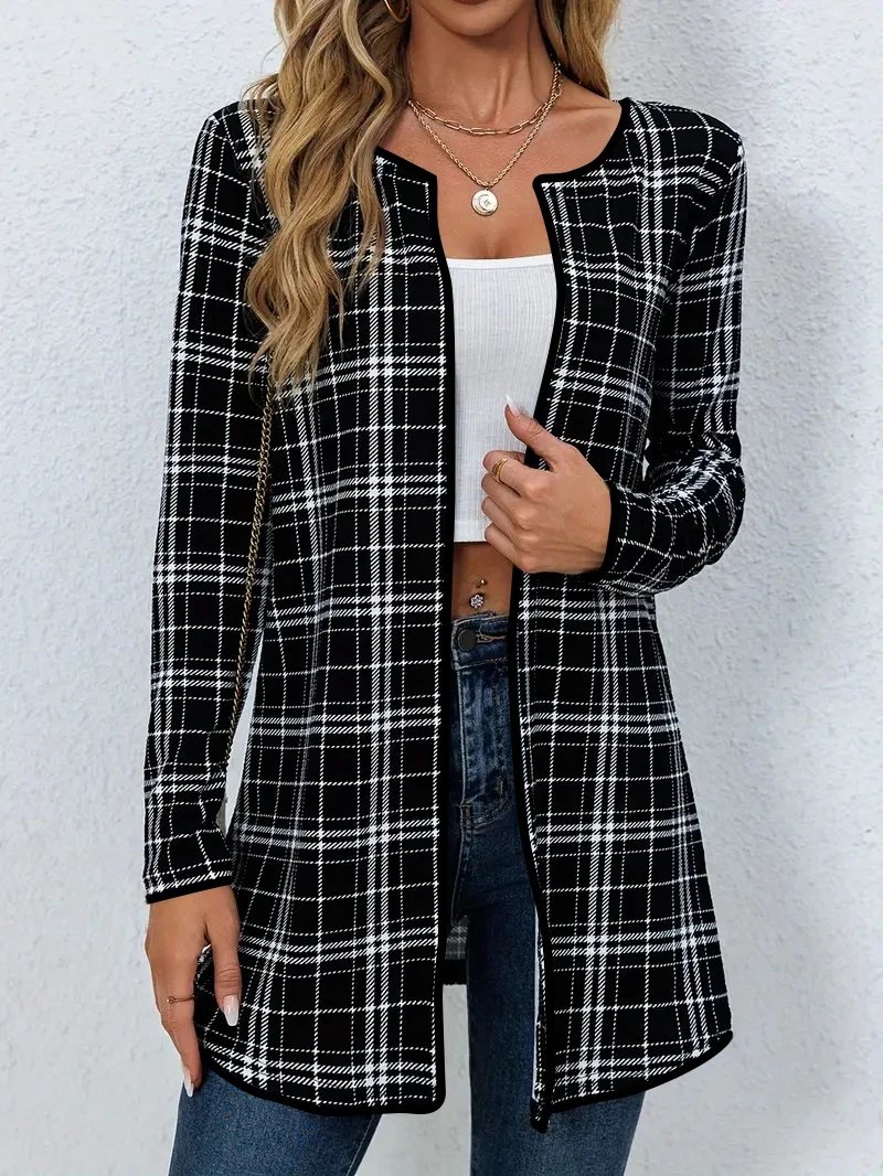 Spring and Autumn Fashion Women's New Buttonless Open Front Plaid Print Long Sleeve Thin Jacket