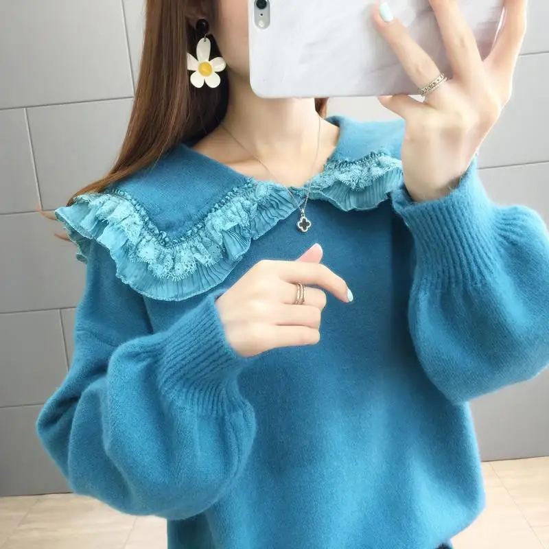 Doll Neck Pullover Knitted Sweater for Women's Autumn 2023 New Sweater Korean Version Loose Fitting Age Reducing Top