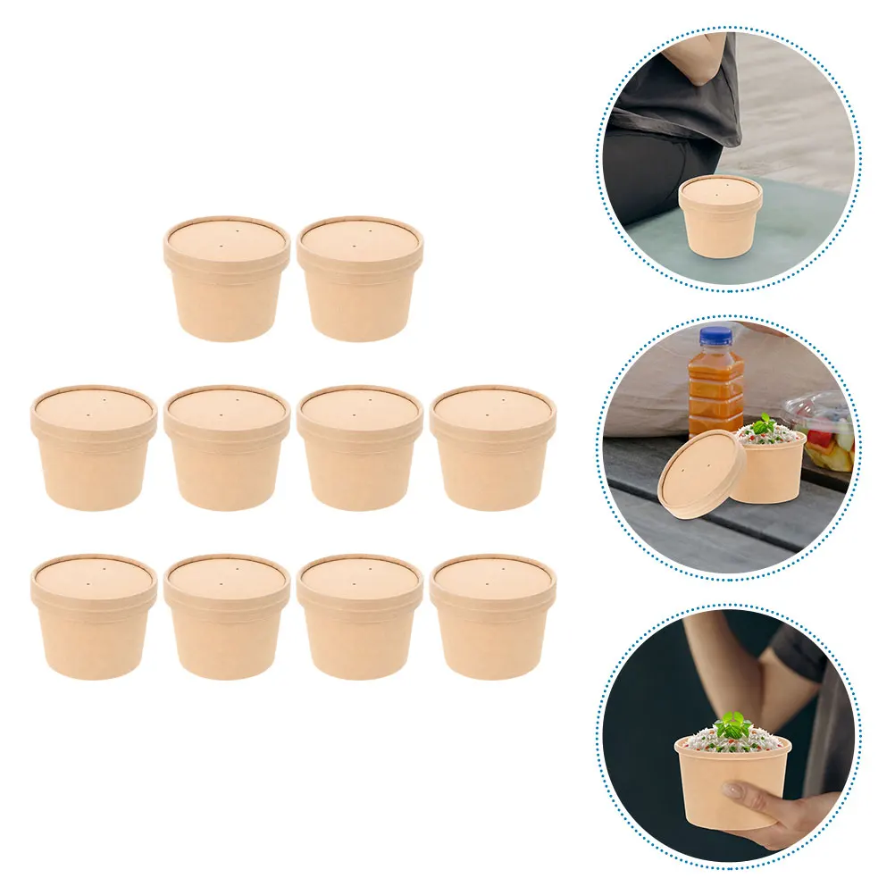 10 Sets Ice Cream Cups Paper for Dessert with Spoons Thicken Canteen Lids Container