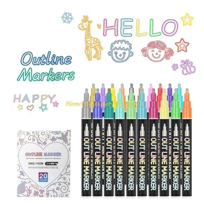 

Y5LA 8/12/20 Colors Metallic Outline Markers Pens Glitter Double Line Outline Pens